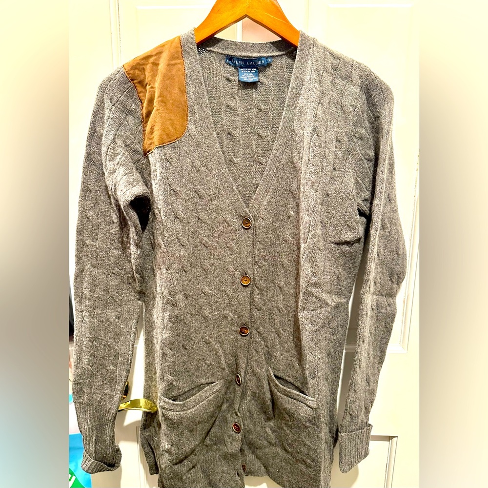 Ralph Lauren wool/cashmere shoulder suede patch grey cardigan. Size Medium.